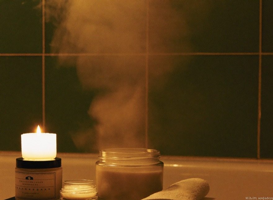 Bagno illuminato da una candela, vasetto di crema e asciugamano piegato nel vapore