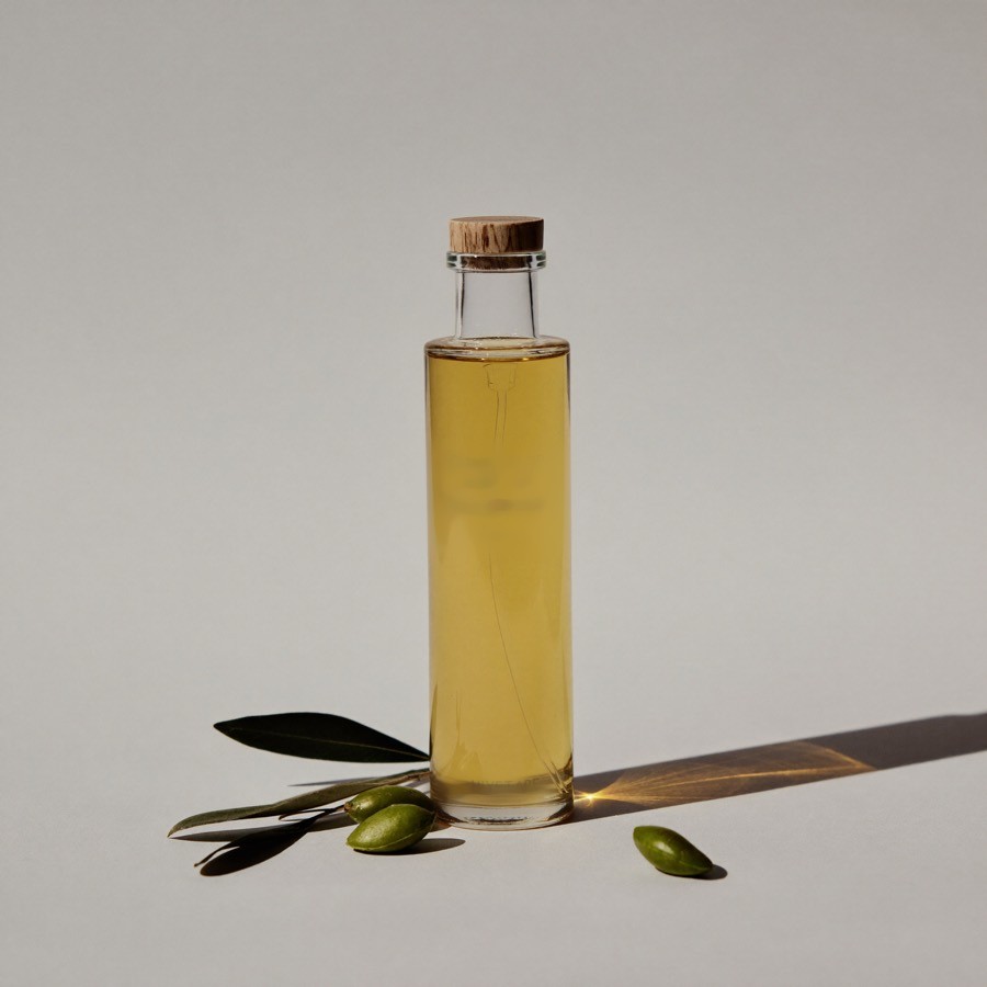 Bottiglia alta in vetro trasparente con olio dorato e tappo in legno, accanto rametto di olivo